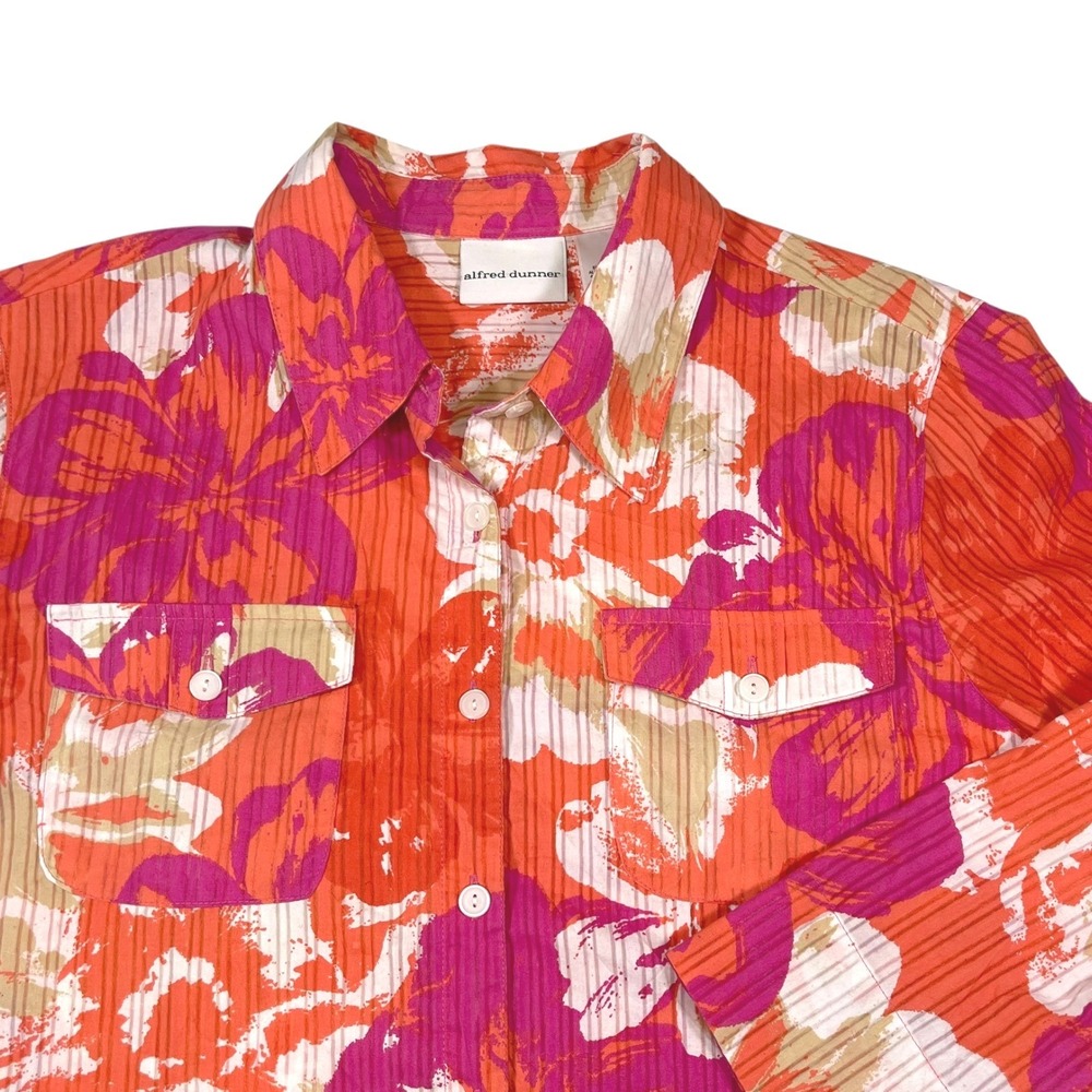 Alfred Dunner 16 Orange Floral Button Down Shirt Tropical Coastal Grandma Summer